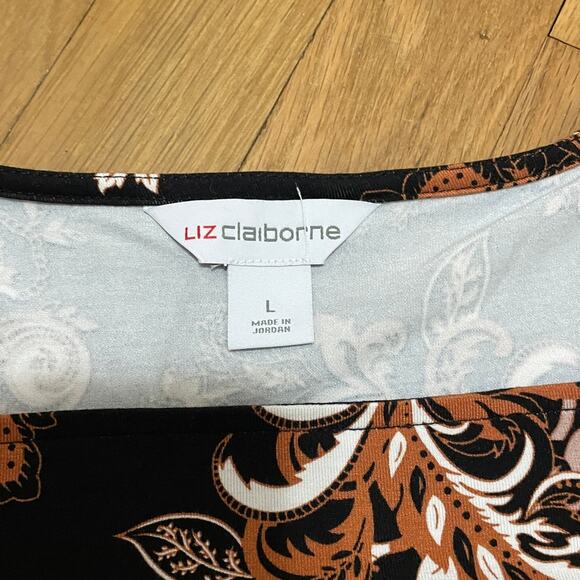 Liz Claiborne 3/4 Sleeve Square Neck Floral Black Rust Orange Split Hem Top L - Picture 2 of 5